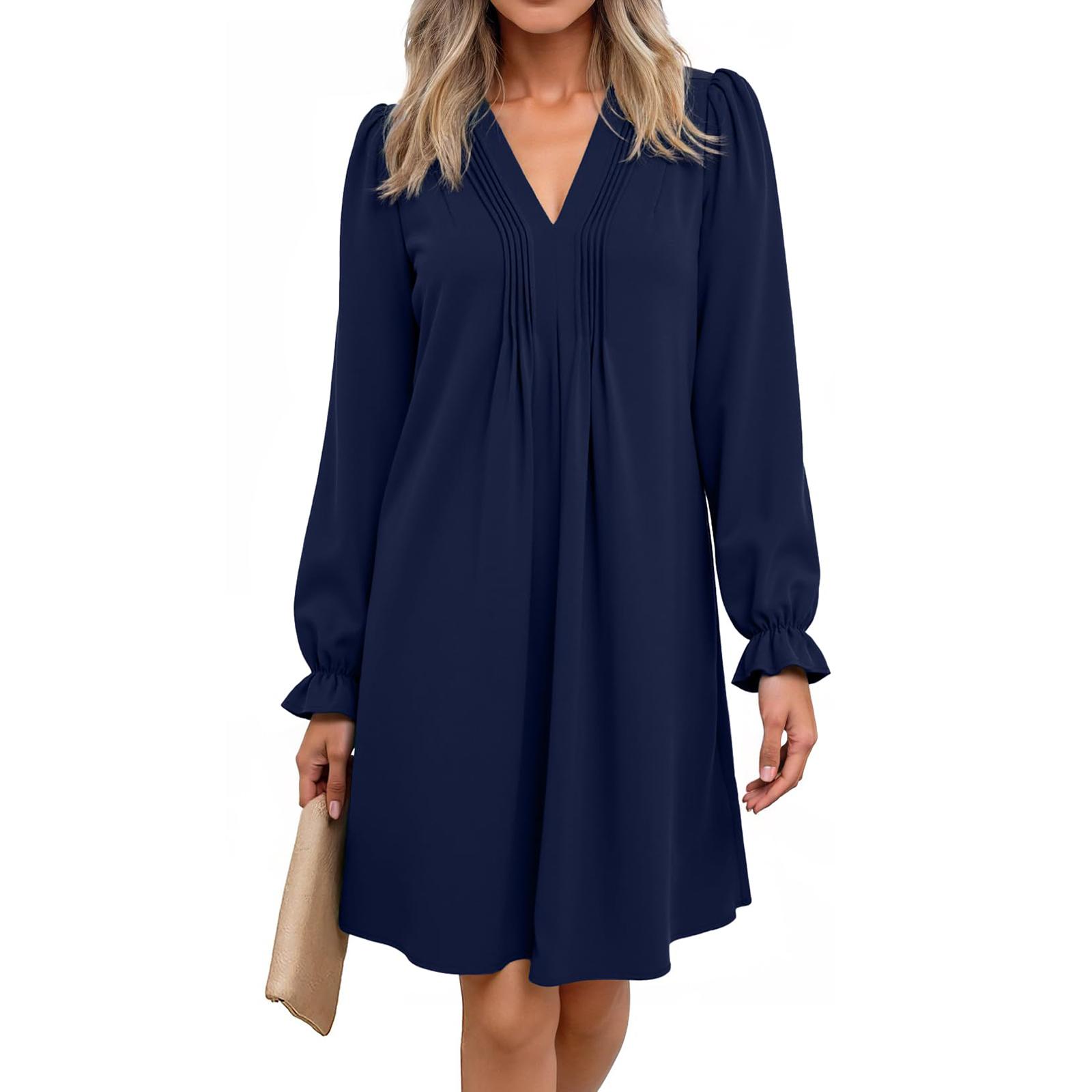

Women s Casual Fashion Ruffled Long-sleeve V-neck Pleated Flowing Loose Shirt- -color Dress L