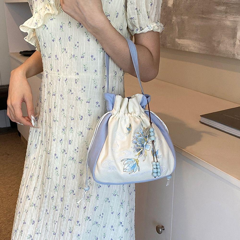 Flower Embroidery Drawstring Bucket Bag Ethnic Style Hanfu Crossbody Bag Shopping