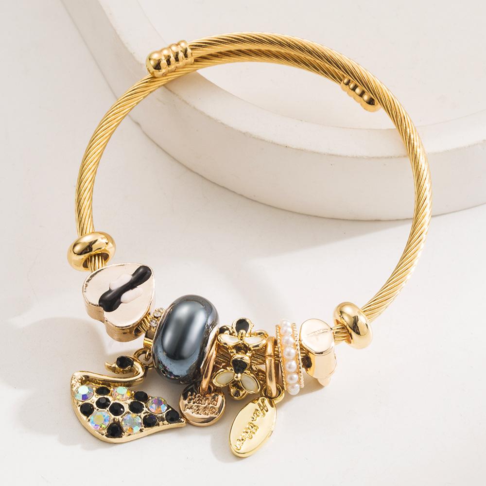 Gold Alloy Inlaid Swan Pendant Bracelet Fashionable Personality Versatile Adjustable Bangle for Women