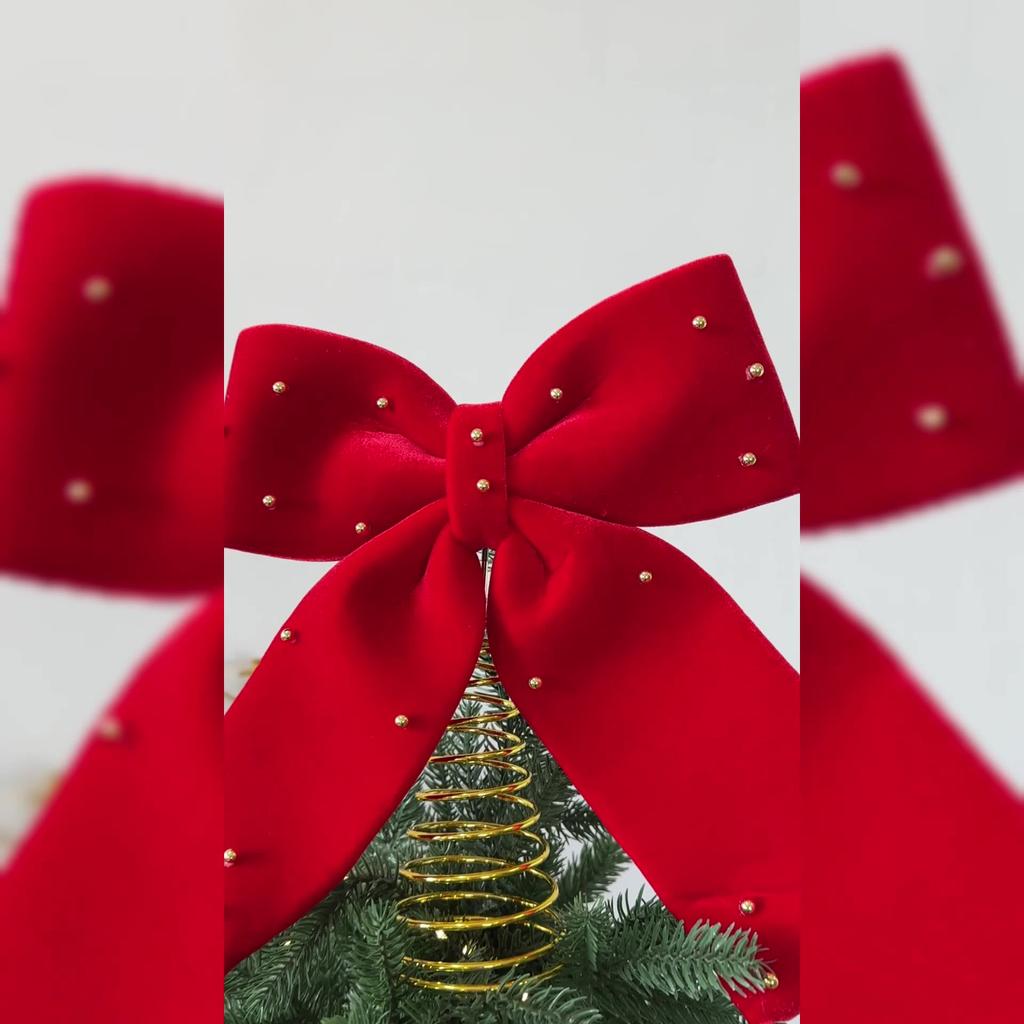 Wine Red Velvet Tree Top Star Christmas Tree Decoration Ornament, Bow Tree Top Star Ornament