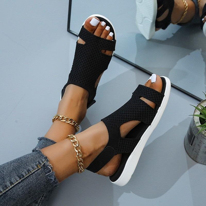 

Foreign trade plus size sandals, summer new fish mouth sandals, breathable elastic fly woven flat sandals 35 чёрный