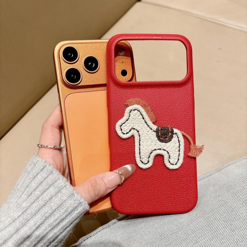 Red Embroidered Horse Leather Phone Case for Apple 17 Pro/iPhone 16, Large Hole, New Year Edition