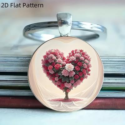 Stylish Heart Tree Pattern Round Glass Alloy Pendant Keychain