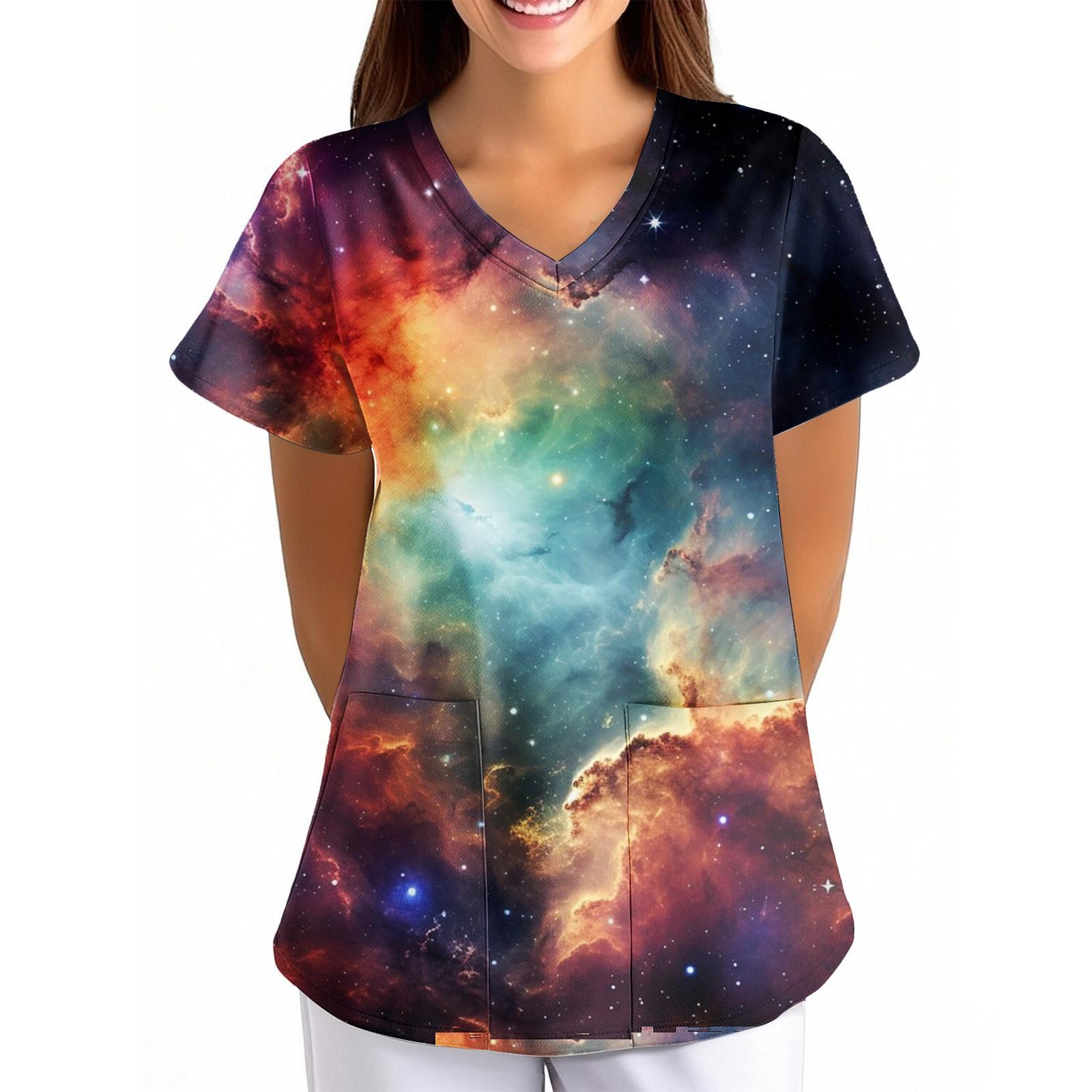 

Женская Свободная Униформа с V-образным вырезом, карманом и короткими рукавами, с принтом «Небо» L чёрный