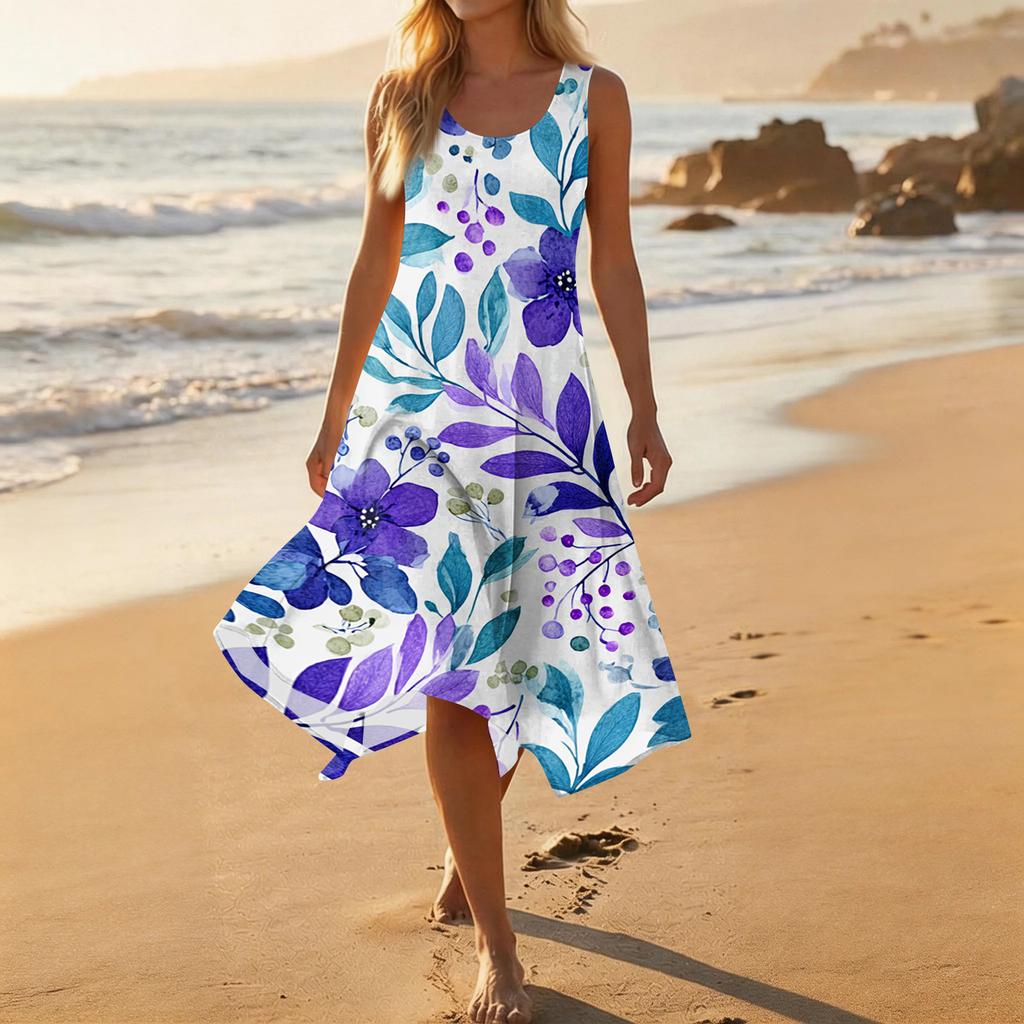 Women's Casual Fashion Round Neck Sleeveless Floral Print Midi Dress with Irregular Hem