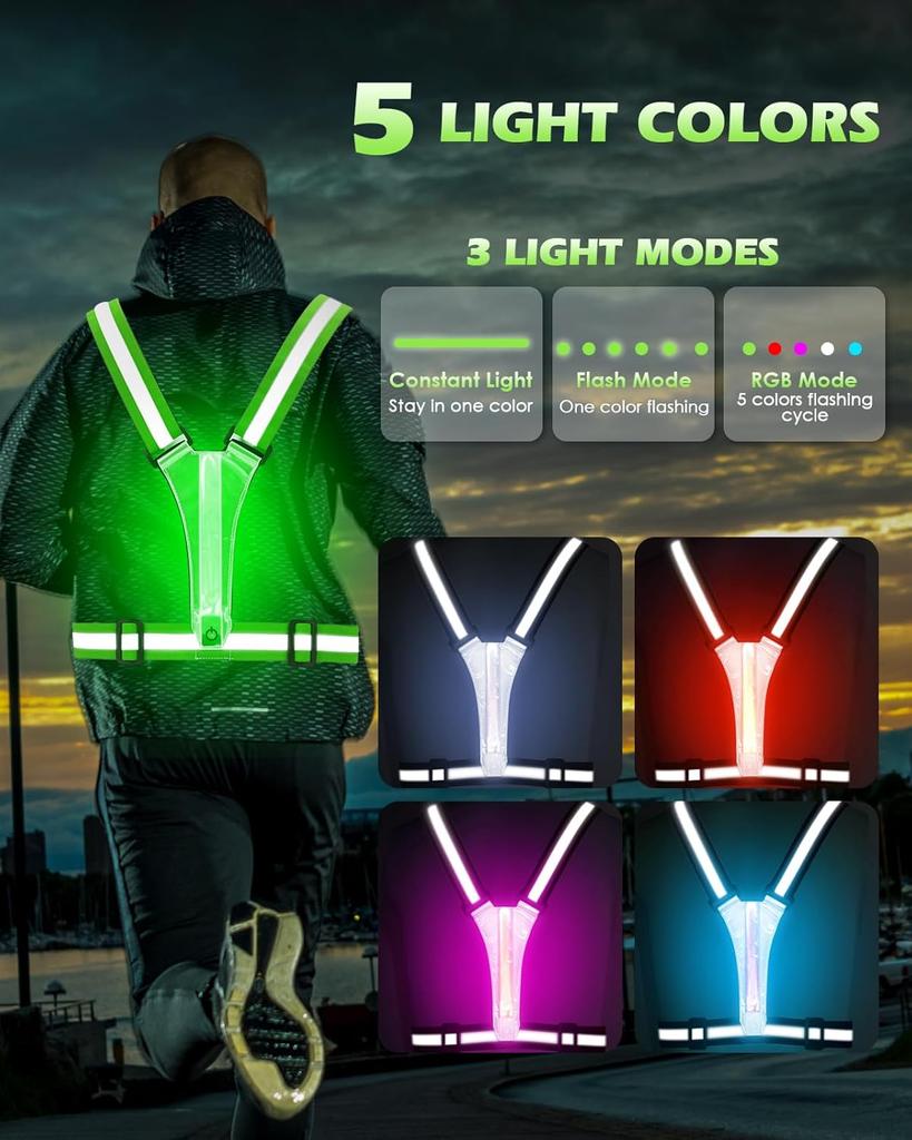 LED Reflective Vest Running Gear, 5 Lights Colors High Visibility Reflective Running Gear Rechargeable Light Up Running Vest for Running  Adjustable