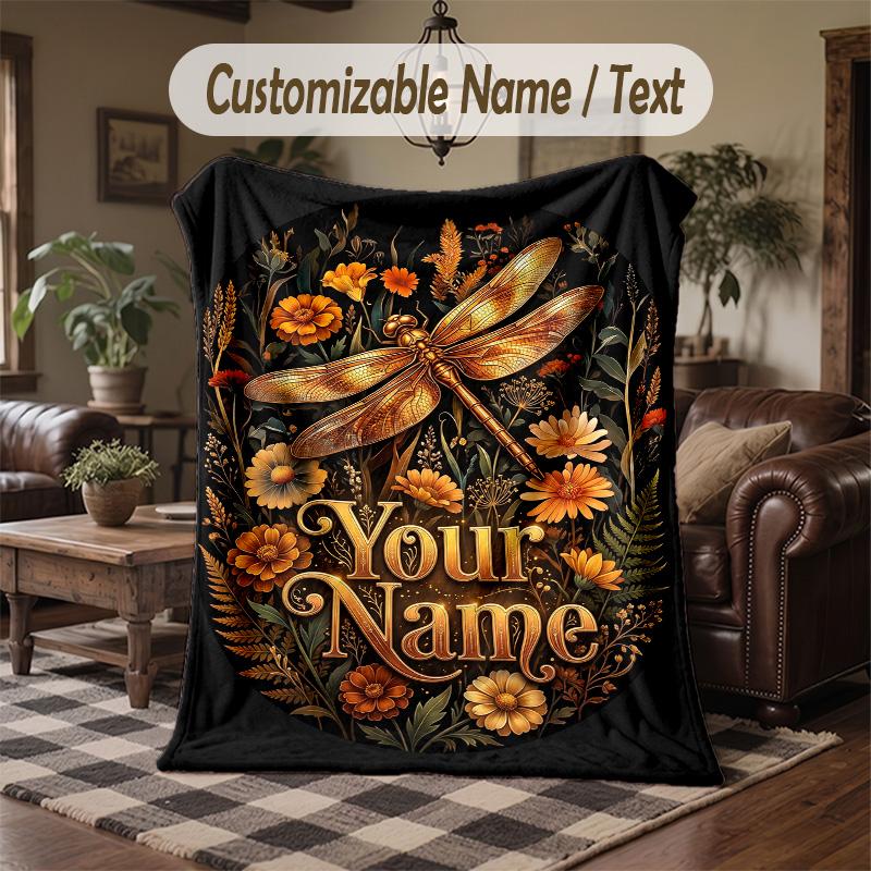 Dragonfly Fantasy Theme Throw Blanket Custom Name Text Personalized Blanket Soft Cozy Blanket for Home Sofa Bed