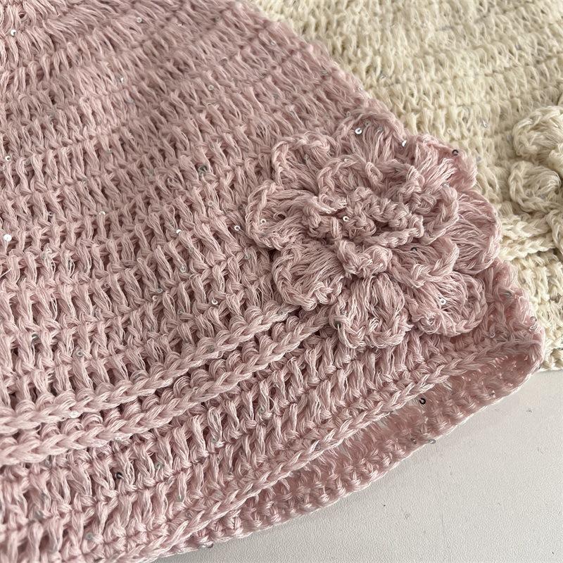 Sequined Flower Knitted Headgear Women's Spring and Summer Breathable Mesh Casual Versatile Retro Cold Hat Ear Protection Hat Shows Small Face