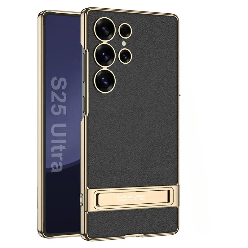 

Electroplated Leather Bracket Cover for Samsung Galaxy S25 S24 Ultra Plastic Hard Shell Protective Shockproof Holder Phone Case Galaxy S25 Ultra чёрный