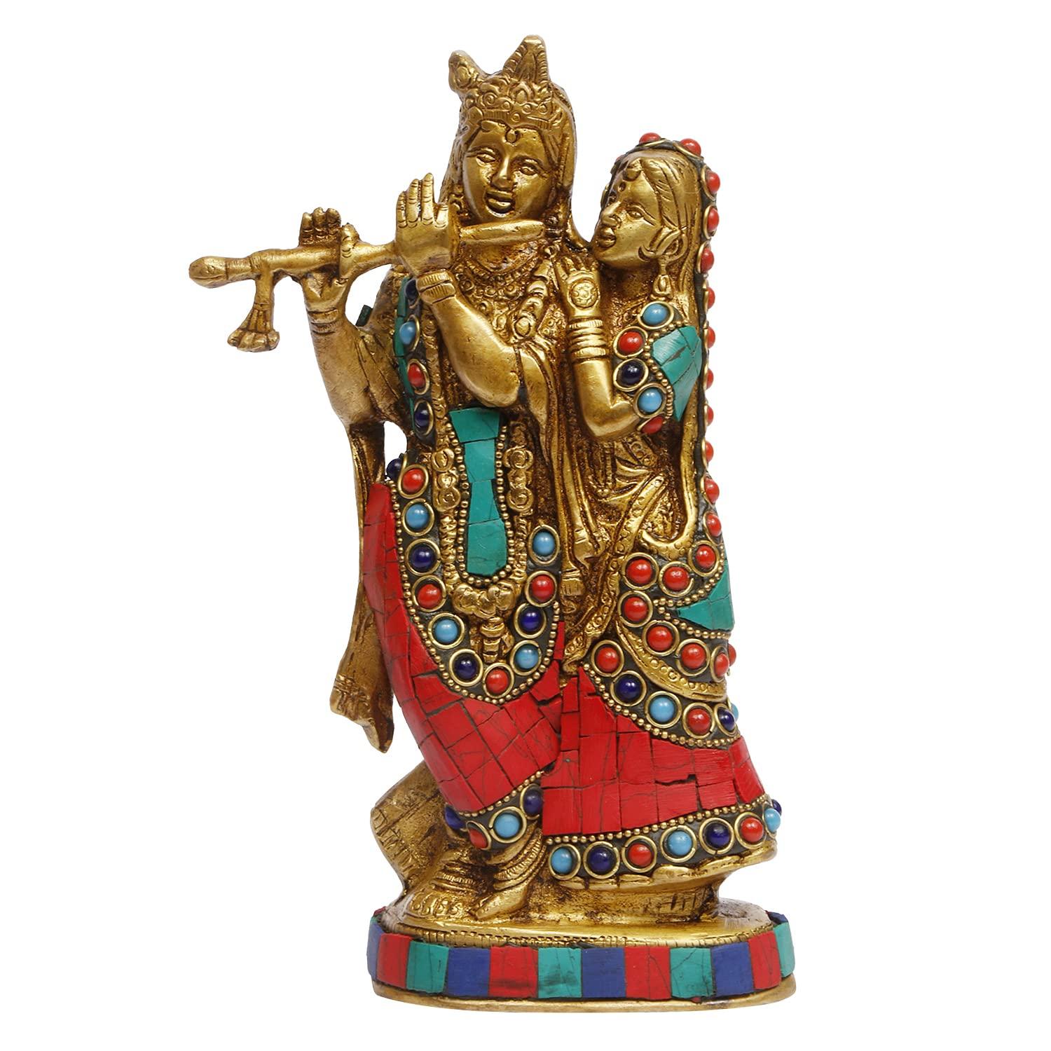 

God Radha Krishna Brass With Multicolor Gemstone Handwork Statue - 8 Inches