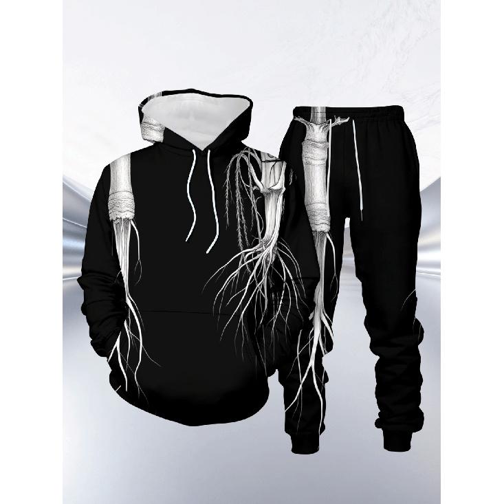 

2pcs Set of Men S Casual Hooded Sweatshirts with Black And White Root System Dark Minimalist Art 3D Printing S