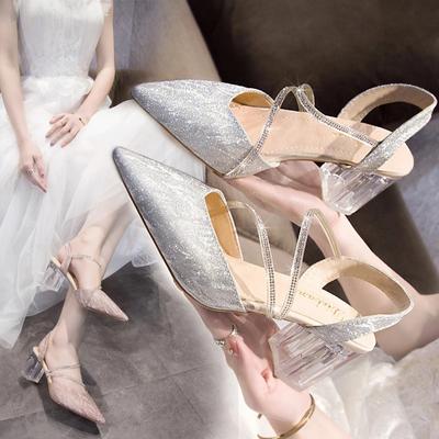 Fashion Bling High Heels Pumps Woman Elegant Crystal Strap Square Heels Wedding Shoes Women Shining Pointed Toe Clear Heel Sandals 32-42