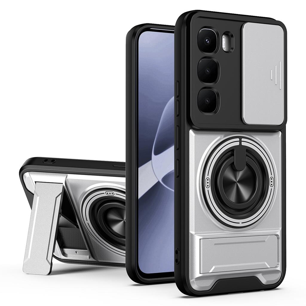 For Infinix Hot 60 Pro 4G Magnetic Case Ring Holder Foldable Kickstand TPU PC Phone Cover with Camera Lens Slider