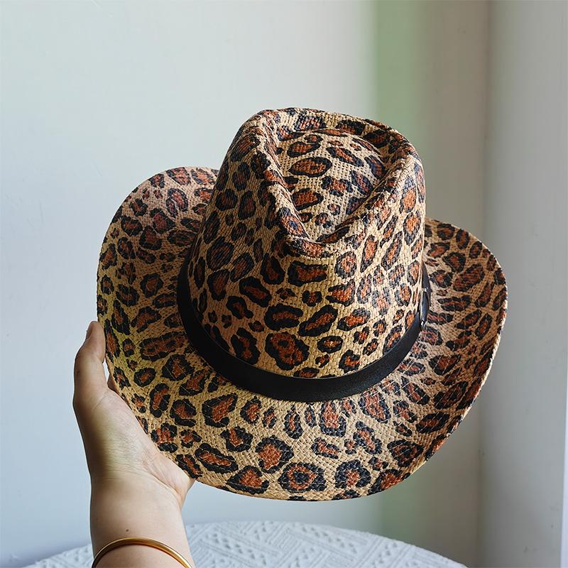 Freedom Outdoors Women's Leopard Print Trilby Straw Cowboy Hat Unisex Fashion Ethnic Style Straw Hat Men Summer Western Cowboy Jazz Hat Panama Hat Cm