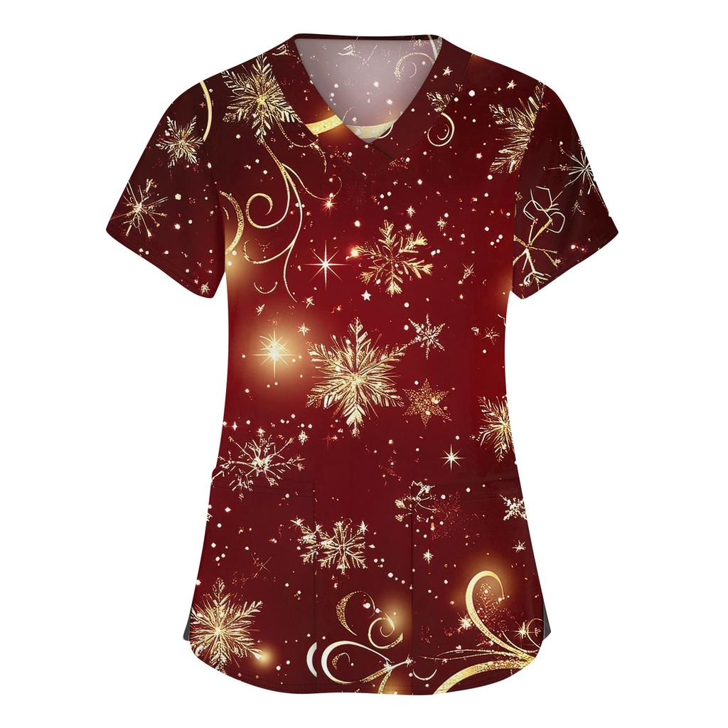 Women's Fashion V-neck Short Sleeve Workwear With Pockets Christmas Printed Tops