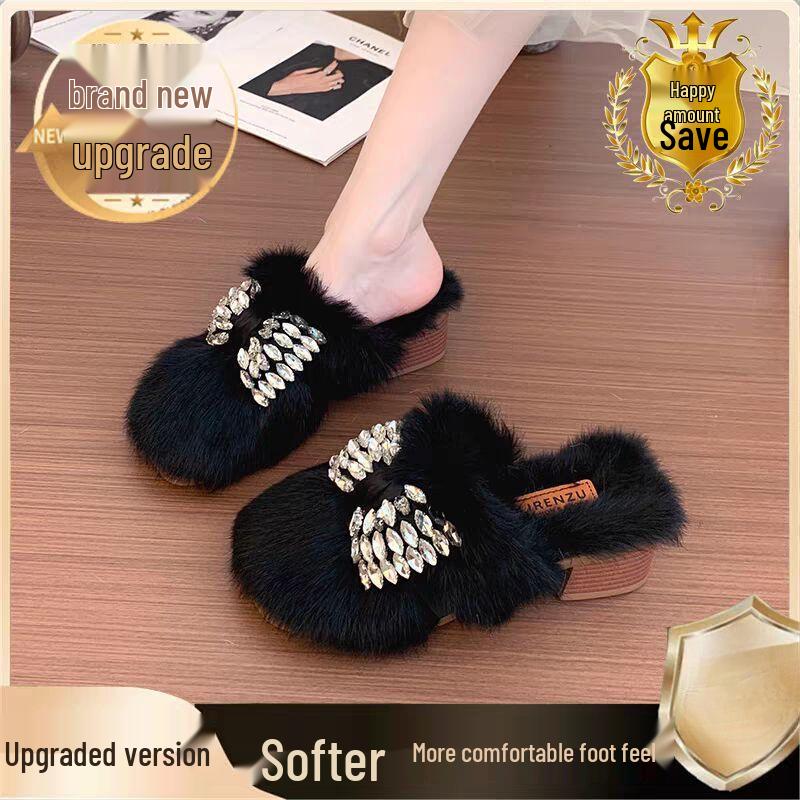 Autumn/Winter 2025 Women's Chunky Heel Furry Cotton Slippers - Mid-High Rabbit Fur Mule Shoes