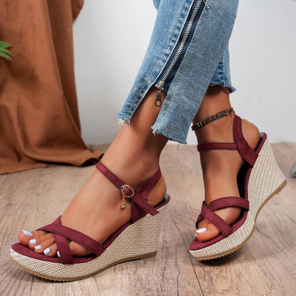 2024 Damen Sommer Koreanische Keilabsatz Peeptoe Römersandalen mit Schnalle