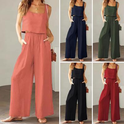 2 Pcs/Set Women Vest Pants Suit Square Neck Sleeveless Loose Top High Elastic Waist Wide