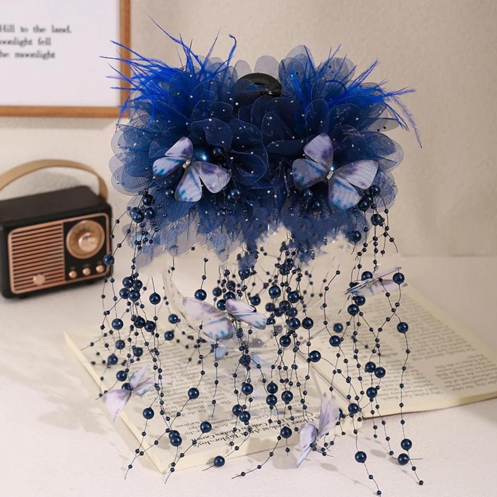 Large Bright Silk Flower & Feather Bead Tassel Hair Clip for Women's Updo