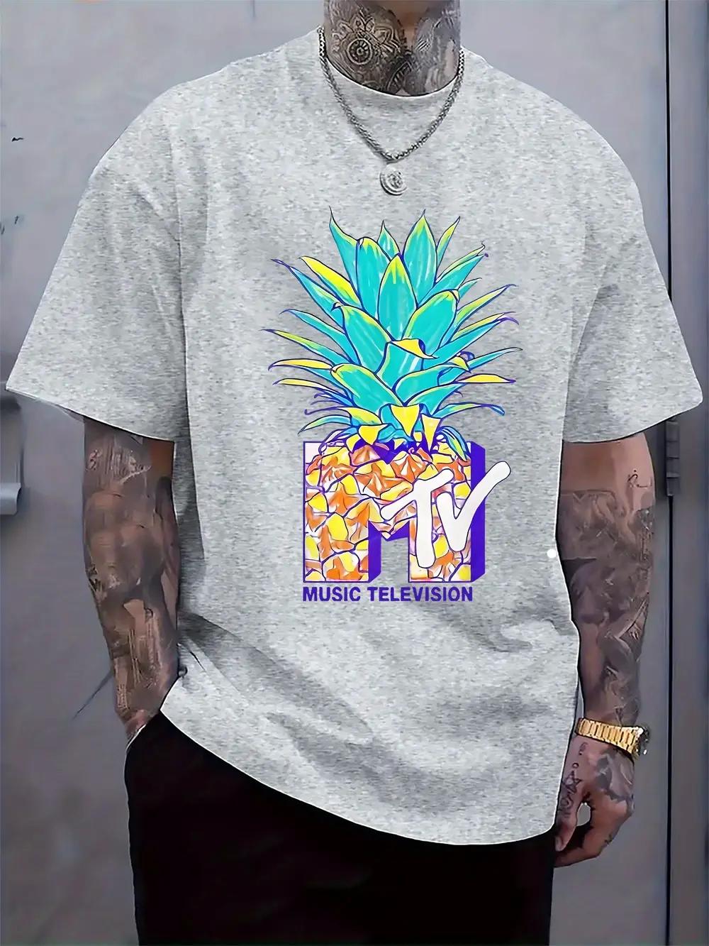 Light Grey MTV Logo & Pineapple Graphic Short Sleeve T-shirt - Regular Fit Casual Summer Tee XL