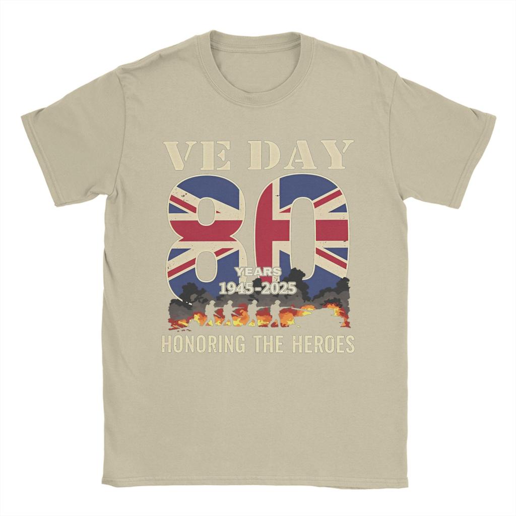 Leisure Ve Day 80th Anniversary 2025 WWII Fire T-Shirt Men Crew Neck 100% Cotton T Shirts UK Flag Short Sleeve Tee Adult Clothes
