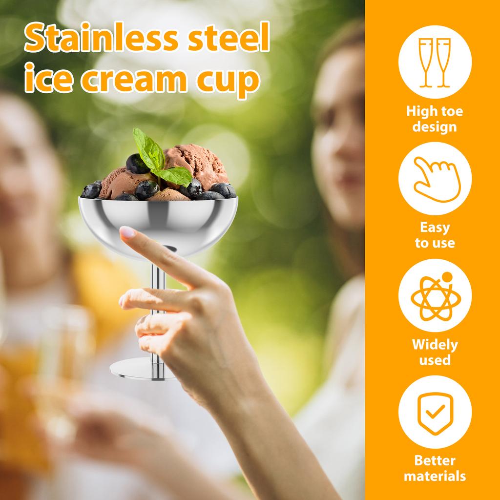 2Pcs Ice Cream Cups Salad Bowl Stainless Steel Bowl Dessert Fruit Plate Snack Dish Reusable Dessert Cup High Footed Pudding Cup