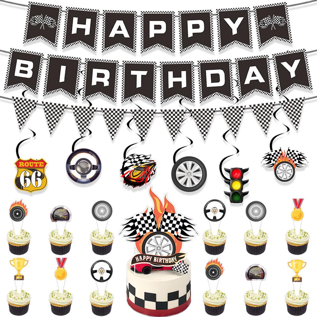 Children'S Birthday Party Arrangement Decoration Racing Theme Black And Red Flag Cake Plugin Honeycomb
