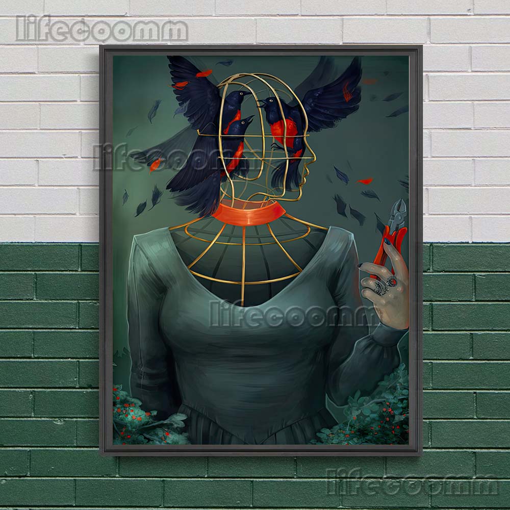 Surreal Art Print Deer Girl And Jelly Fish Mermaid Gothic Wall Art Canvas Painting Witch With Cat Poster Print Home Decoration (with Frame)