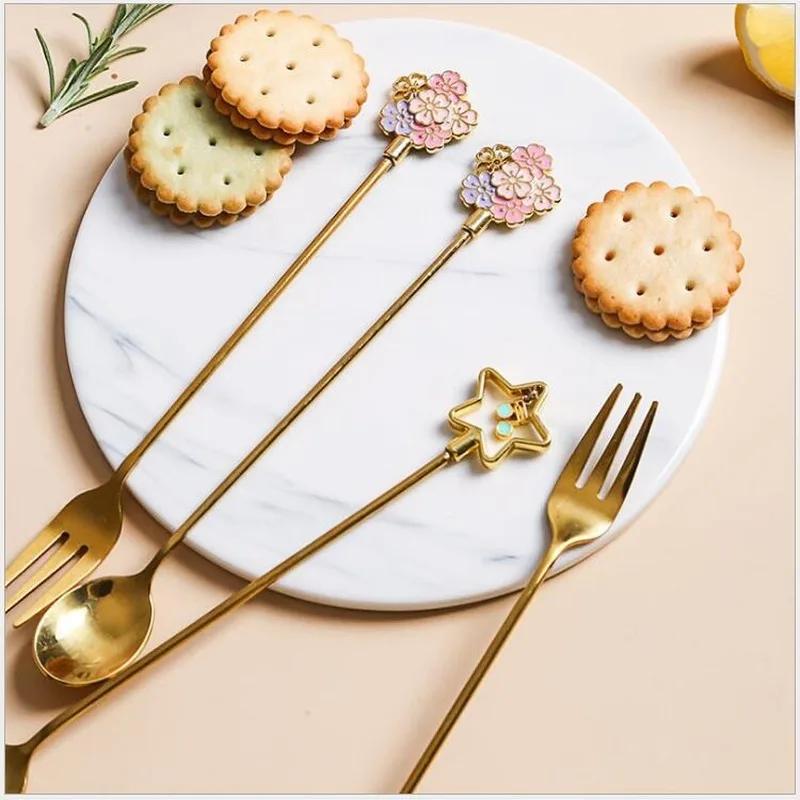 2PCS/set Cherry Blossom Spoon Fork Stainless Steel Coffee Spoons Household Kitchen Star Long Handle Dessert Cake Spooning