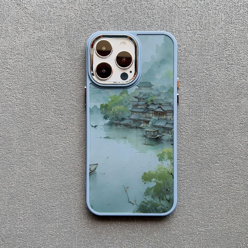 Mountains and Streams Pavilion Ink Brush Painting Phone Case for iPhone 12 13 14 11 Pro Max X XR XS 14 7 8 Plus SE Silicon Cover