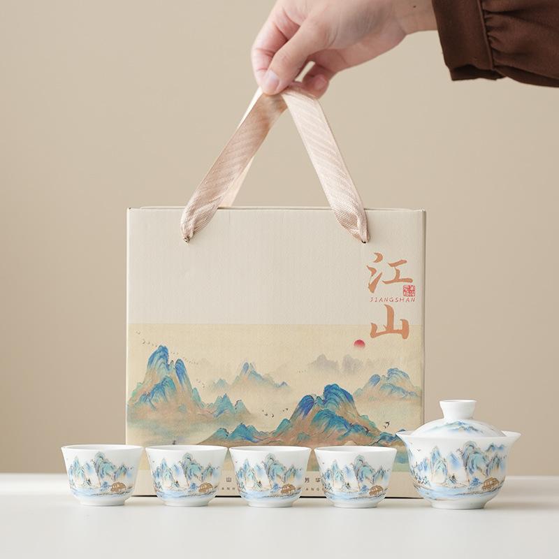 New White Porcelain Tea Set Chinese Kung Fu Tea Ceremony Gift Box Porcelain Gaiwan Cover Bowl Set with Cup Home