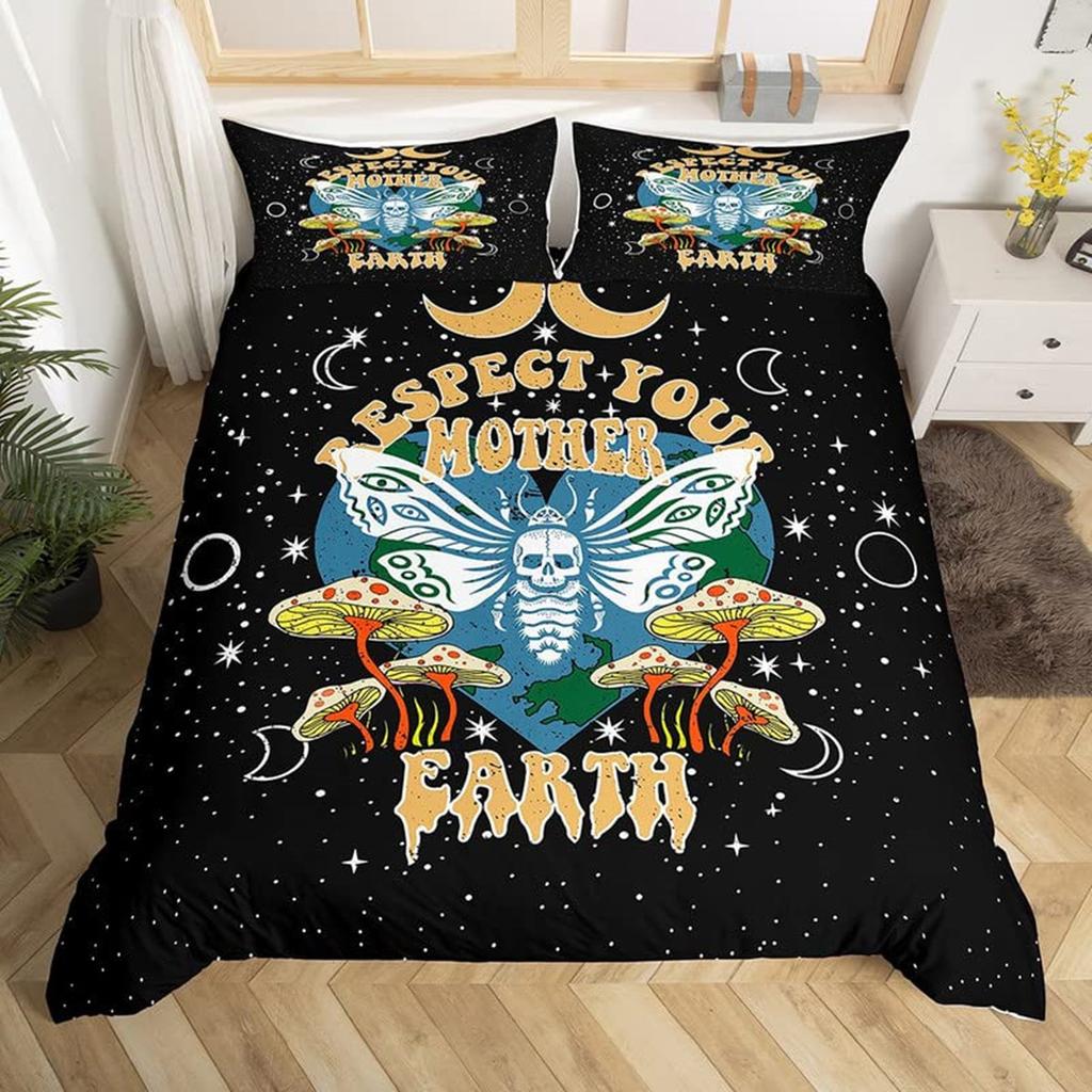 Grün Farbverlauf Totenkopfschwärmer Bettbezug Schmetterling Tier Tierkreiszeichen Galaxie Bettwäsche für Jungen Mädchen Gothic Motte Skelett Boho Raumdekor