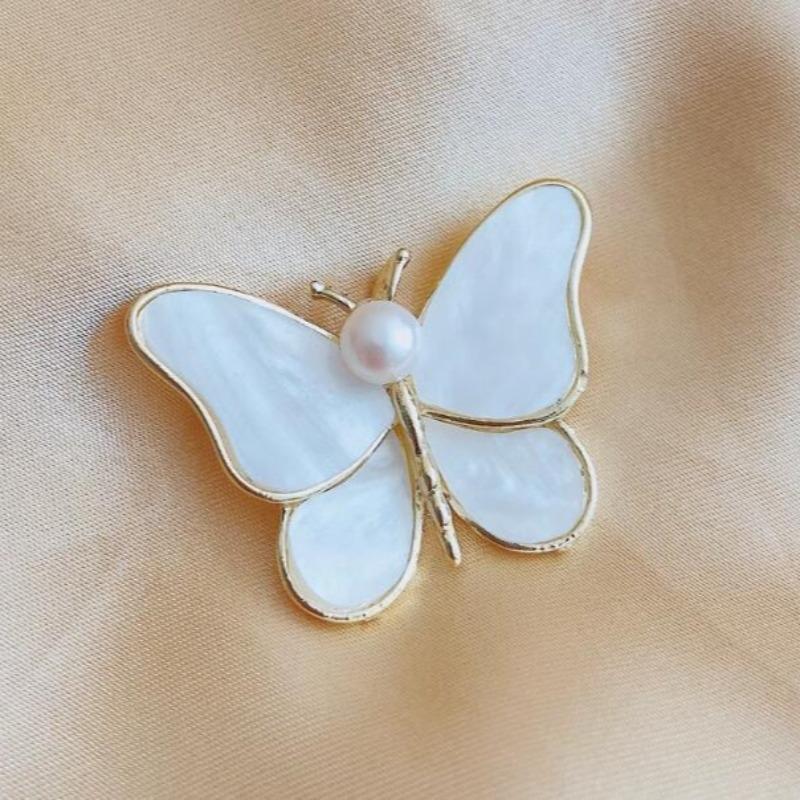Fashionable Butterfly Shell Pearl Brooch, Anti-exposure Pin for Women, Metal Button To Fix Clothes, Wedding Party Gift
