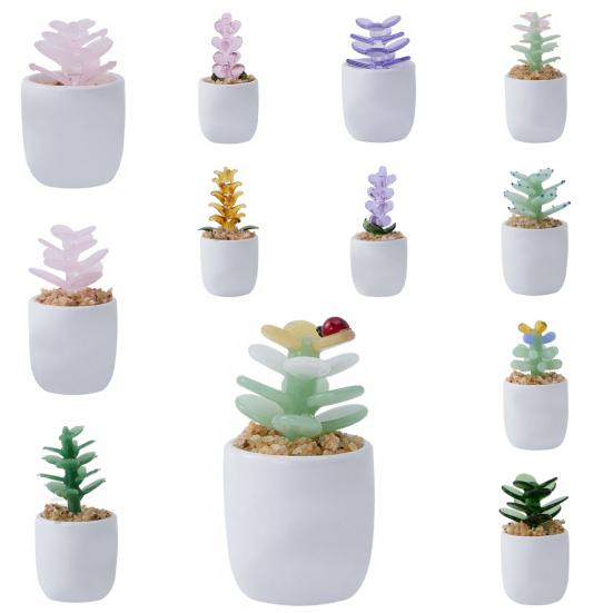 Mini Glass Flower Figurine Hand Blown Faux Crystal Hyacinth Cactus Collectible Ornament for Home Office Tabletop Garden Car Interior Decor