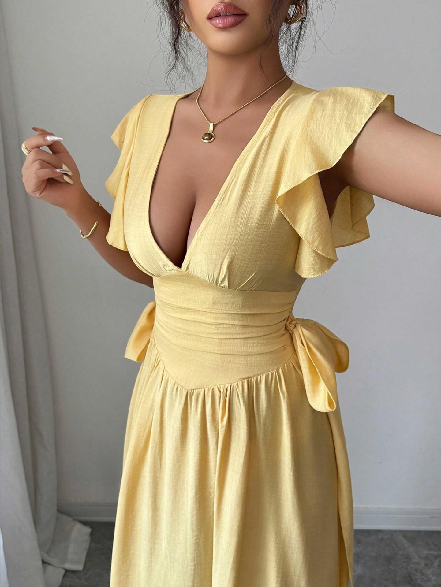 

Women s Retro V-Neck Long Dress with Flowy Bow Waistband Small жовтий