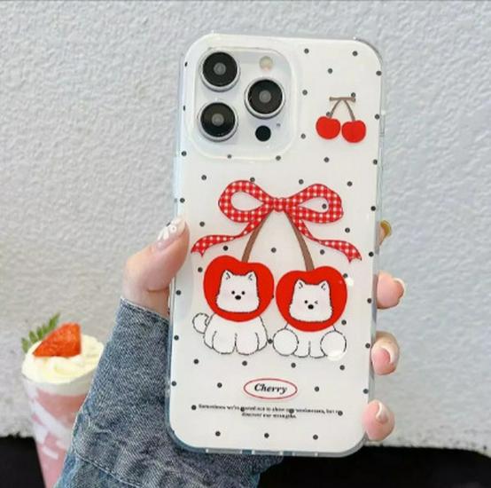

Cartoon Cherry Dog Phone Case for Apple 14-17 Pro Max, White Background iPhone 12 Pro