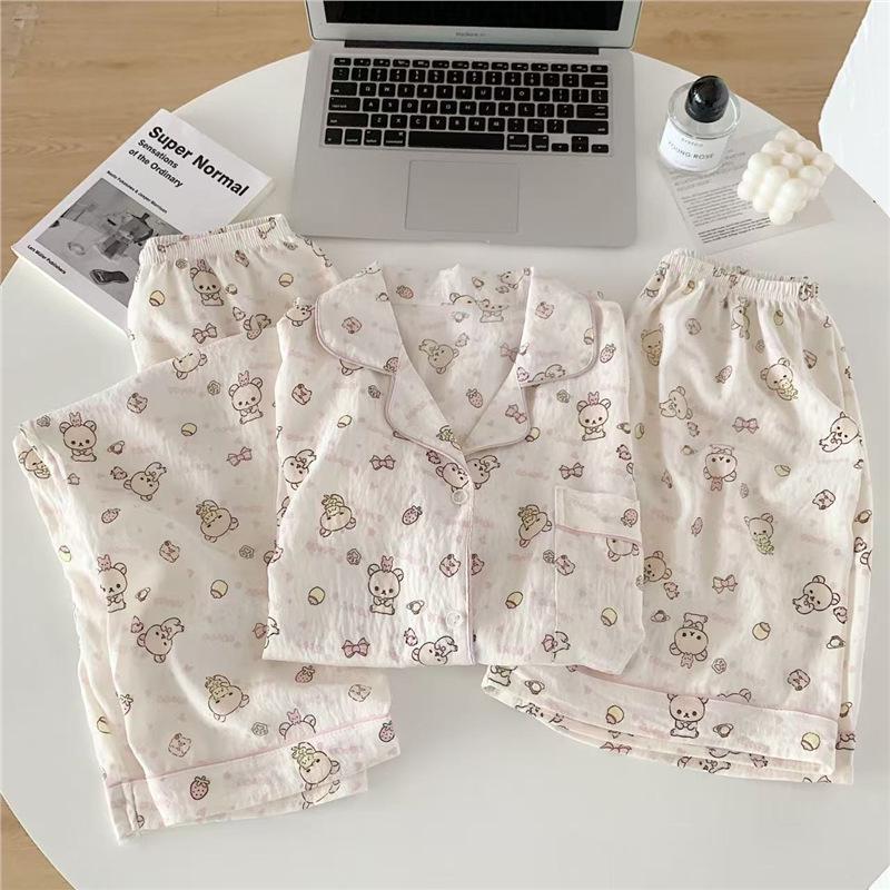 Set de pijamale de vară pentru femei cu pisicuță: Bumbac Nor Scutec cu Mânecă Scurtă, Pantaloni Scurți și Pantaloni Lungi