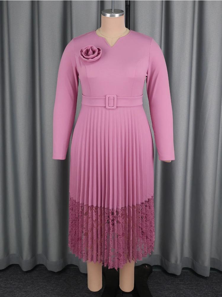 Elegant Women A Line Pleated Midi Dress V Neck Long Sleeve 3D Flower Sashes Patchwork Lace Church Party Autum Occasion Plus Size