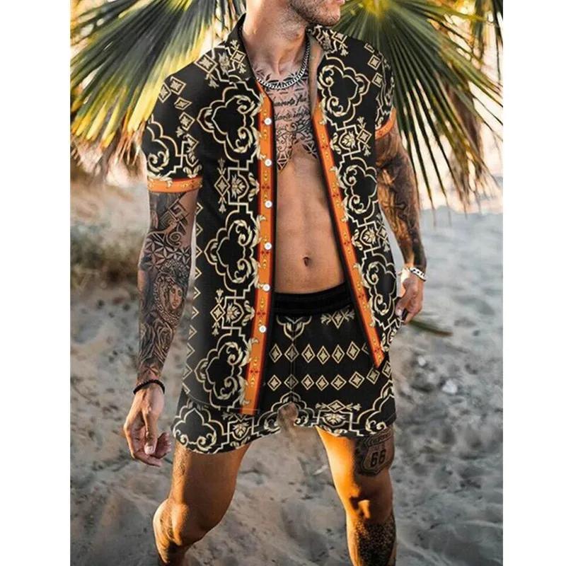 Summer Men's Fashion Leopard Print Short Sleeve Shirt And Shorts Set Beach Style T Shirt Breathable Shorts Two Piece Set