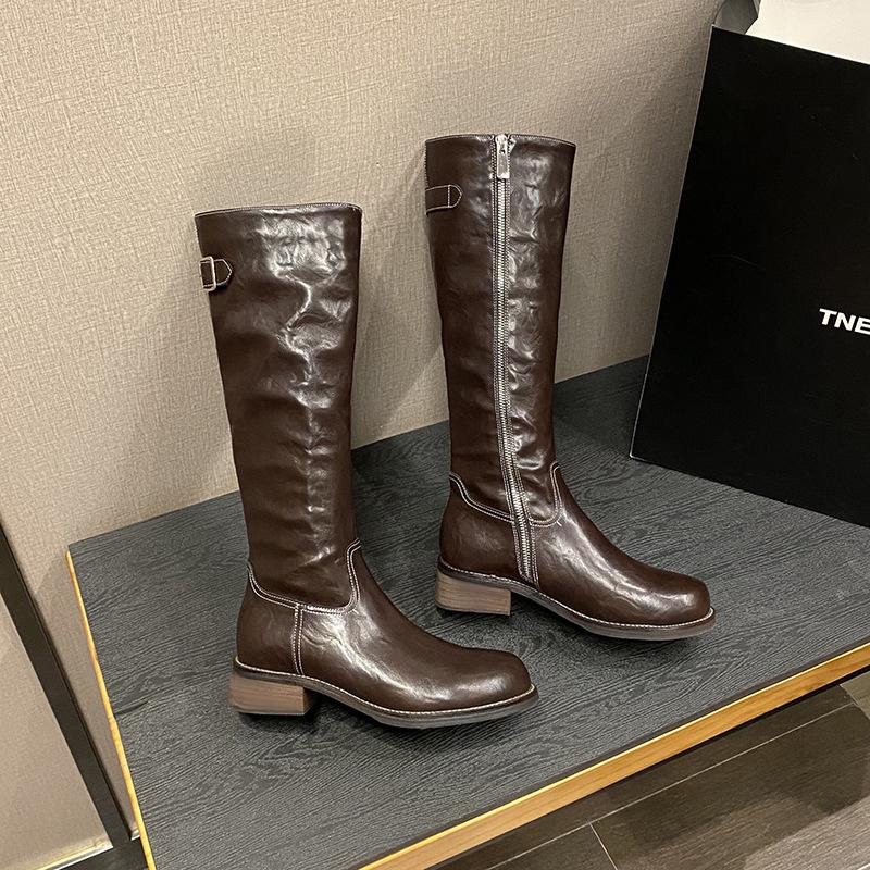 Washed horse leather side zipper increased by 5cm thick heel but knee medium and high boots for women, leather retro knight boots for women