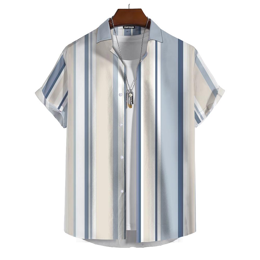 Summer Fashion Striped Print Men's Printed Short Sleeve Shirt Street Daily Business Casual Men's Shirt Oversized Tops
