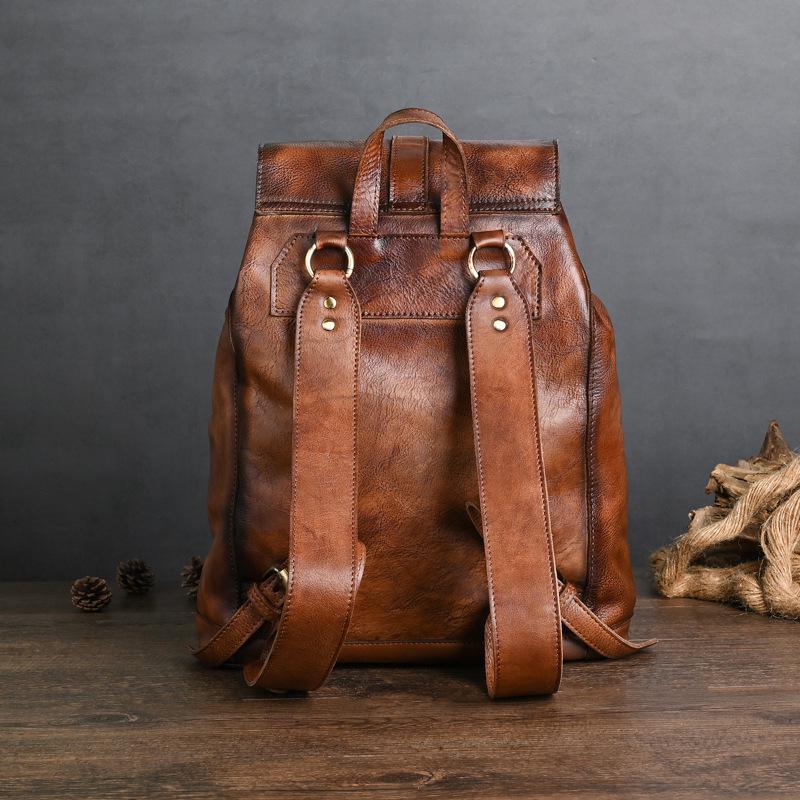 Chaozhou Vintage Handmade Leather Backpack for Casual Travel, 14-Inch Laptop Bag