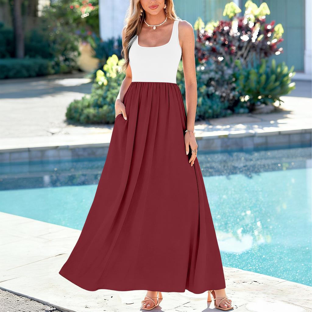 Damen-Farbblock-Sommer-Freizeit- und Mode-Ärmelloses langes Kleid