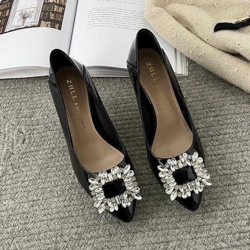 High heels women's thin heels pointed toes nude women's single shoes fattened and widened large size women's shoes-4 rhinestones women's medium heel