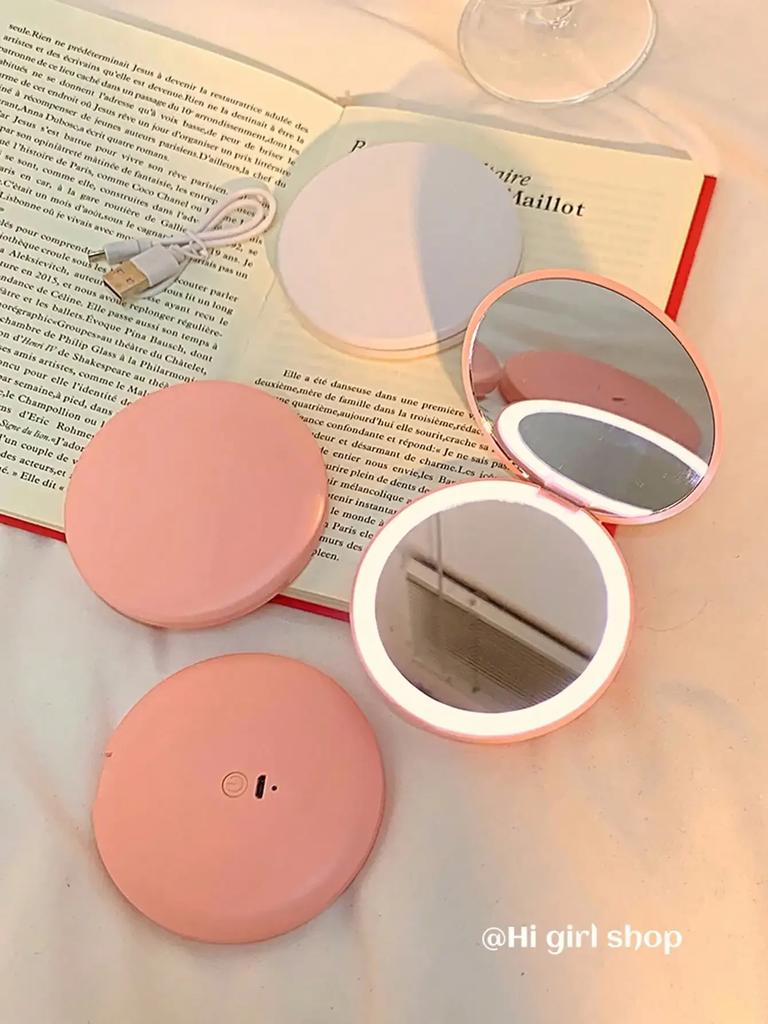 LED Foldable Makeup Mirror, Women Mini Mirror, Small Pocket Mirror, Pink And White Luminous Effect