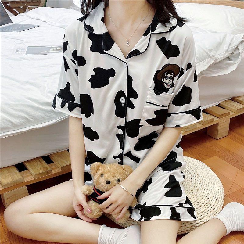 Letní pyžamo Dámské šortky s krátkým rukávem Mašle Volný Cardigan Léto lze nosit jako sadu domácího oblečení