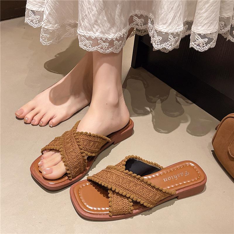 

Французские шикарные плетеные тапочки на плоской подошве, легкие дышащие сандалии в римском стиле - женская обувь для пляжного отдыха на открытом воздухе 40