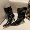 Eilyken Fashion Design Pleated Patent Leather Women Ankle Boots Zipper Shoes Sexy Thin Heels Modern Short Botas Mujer