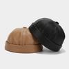 Women Men Faux Leather Docker Cap Hat Round Top Brimless Design Hat Solid Color