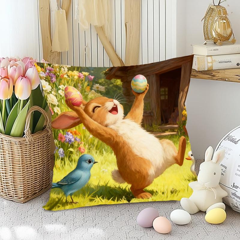 Easter Decoration Throw Pillow Covers Golden Spring Floral Bunny Eggs Holiday Decorative Pillowcases for Sofa Couch Home Decor